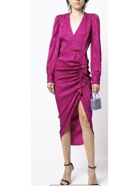 Veronica Beard $698 Magenta Jacquard Long Sleeve Draped Midi Dress Sz 6 NWT